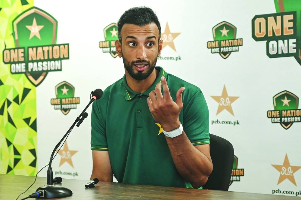 Pakistan’s captain Shan Masood speaks during a press conference at the National Stadium in Karachi on Monday. (AFP)