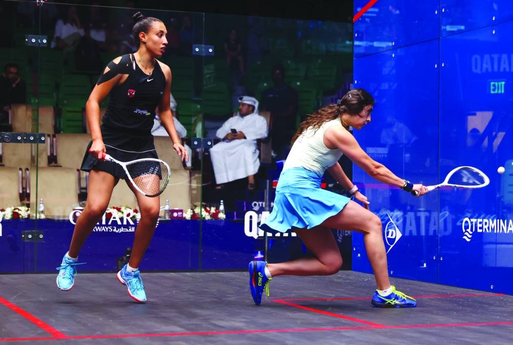  Nour El Sherbini in action against fellow Egyptian Sana Ibrahim.