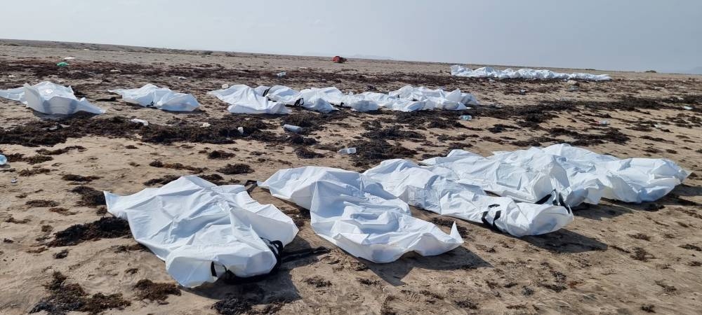 Bodies of suspected migrants who died after their boat capsized are arranged after they were retrieved off the coast of Djibouti, on Wednesday. Mohamed Ibrahim/International Organization for Migration/Handout via REUTERS 