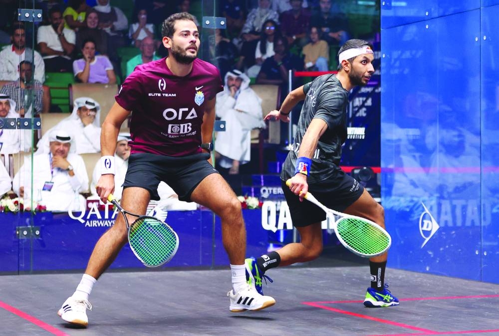 Egypt’s Karim Abdel Gawad (left) in action against Qatar’s Abdulla al-Tamimi at the QTerminals Qatar Classic.