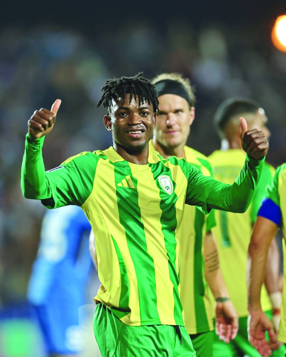 Al Wakrah’s Gelson Dala celebrates after scoring against FC Ravshan during the AFC Champions League Two Group A match on Wednesday.