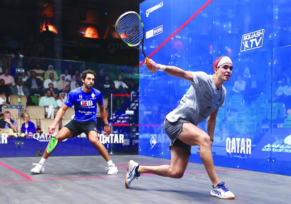 World Champion Diego Elias of Peru in action against former world champion Tarek Momen of Egypt in the 2024 QTerminals Qatar Classic men’s quarter-finals at the Khalifa International Tennis & Squash Complex on Thursday.