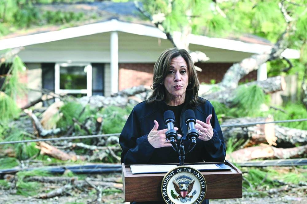 
US Vice-President Kamala Harris speaks after she surveyed the damage from Hurricane Helene, in the Meadowbrook neighbourhood of Augusta, Georgia, on Wednesday. – AFP 