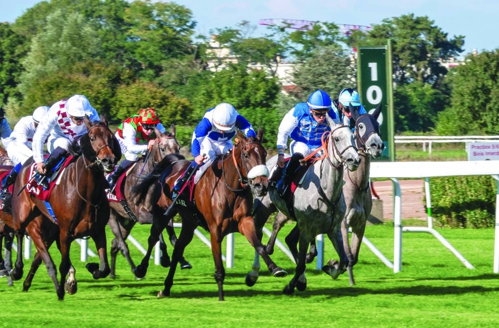Abdulghani Al Abdulghani’s HM Al Zalmaa, ridden by jockey Guillaume Guedj-Gay, sprints to Group 1 Qatar Arabian Trophy Des Pouliches (fillies) victory at Saint Cloud in Paris on Friday. PICTURES: Juhaim