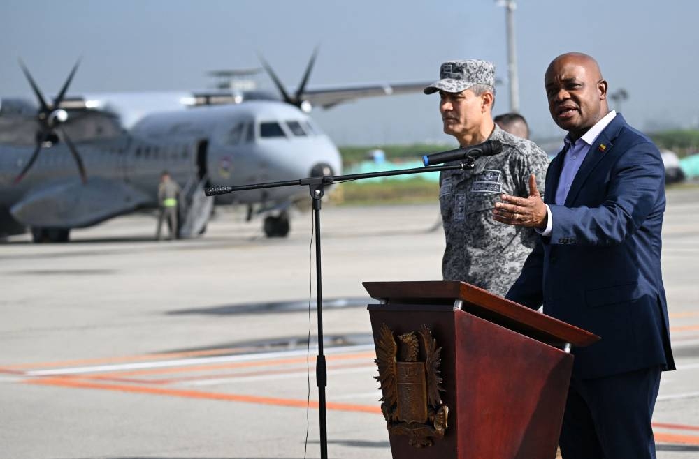 Colombian Foreign Minister Luis Gilberto Murillo speaks before the arrival of a Colombian government evacuation flight from Lebanon at El Dorado International Airport in Bogota on Thursday. AFP