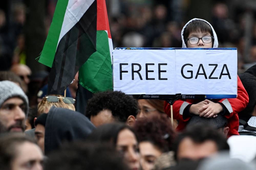 A boy is seen amid demonstrators next to a placard reading 'Free Gaza' in Berlin on Sunday, during a rally under the slogan 'Palestine resists.' AFP