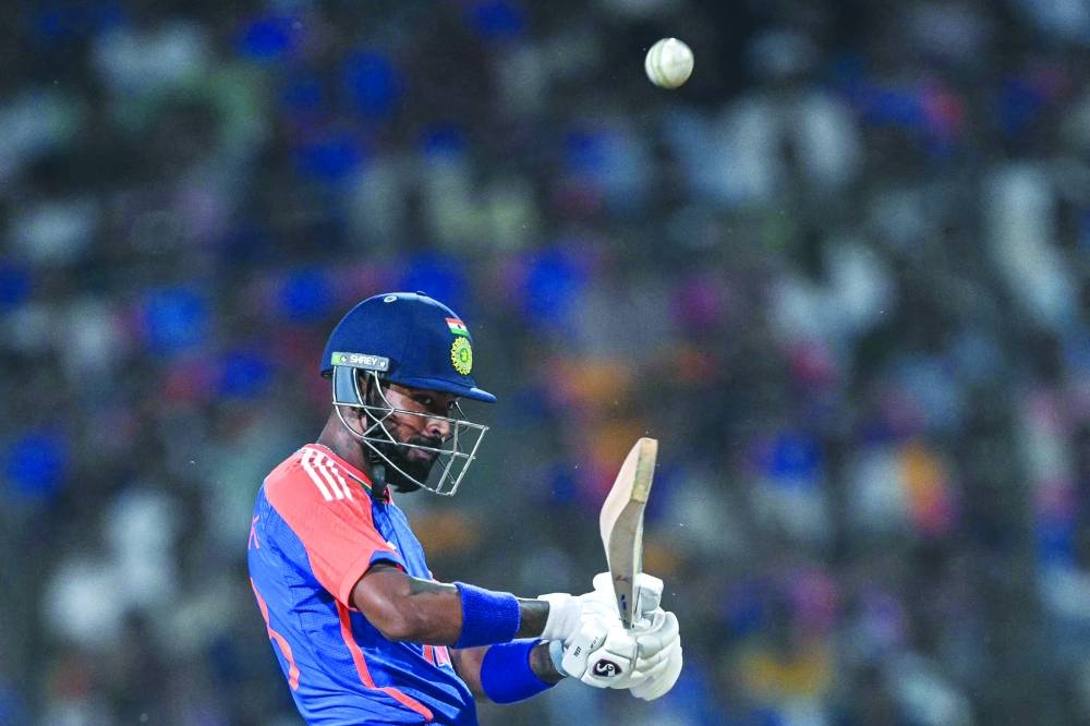 India’s Hardik Pandya plays a shot during the first Twenty20 match against Bangladesh at the Shrimant Madhavrao Scindia Cricket Stadium in Gwalior yesterday. (AFP)
