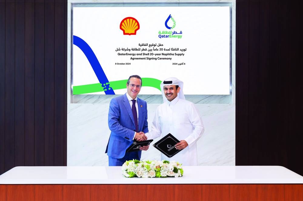 HE the Minister of State for Energy Affairs Saad bin Sherida al-Kaabi with Shell CEO Wael Sawan at the agreement signing.