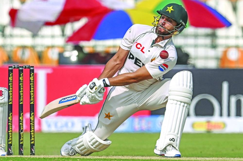 Pakistan’s Agha Salman plays a shot during the second day of the first Test against England at the Multan Cricket Stadium on Tuesday. (AFP)