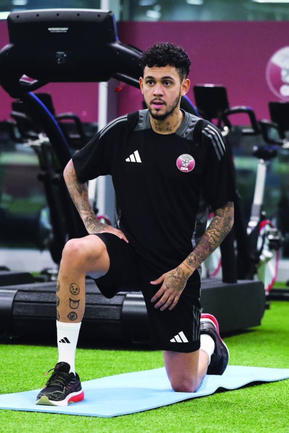 Qatar player Edmilson Jr during a training session at Al Thumama Stadium in Doha on Tuesday. Qatar host Kyrgyzstan in a 2026 FIFA World Cup qualifying match on Thursday at the same venue. The kick-off is set for 7:00pm.