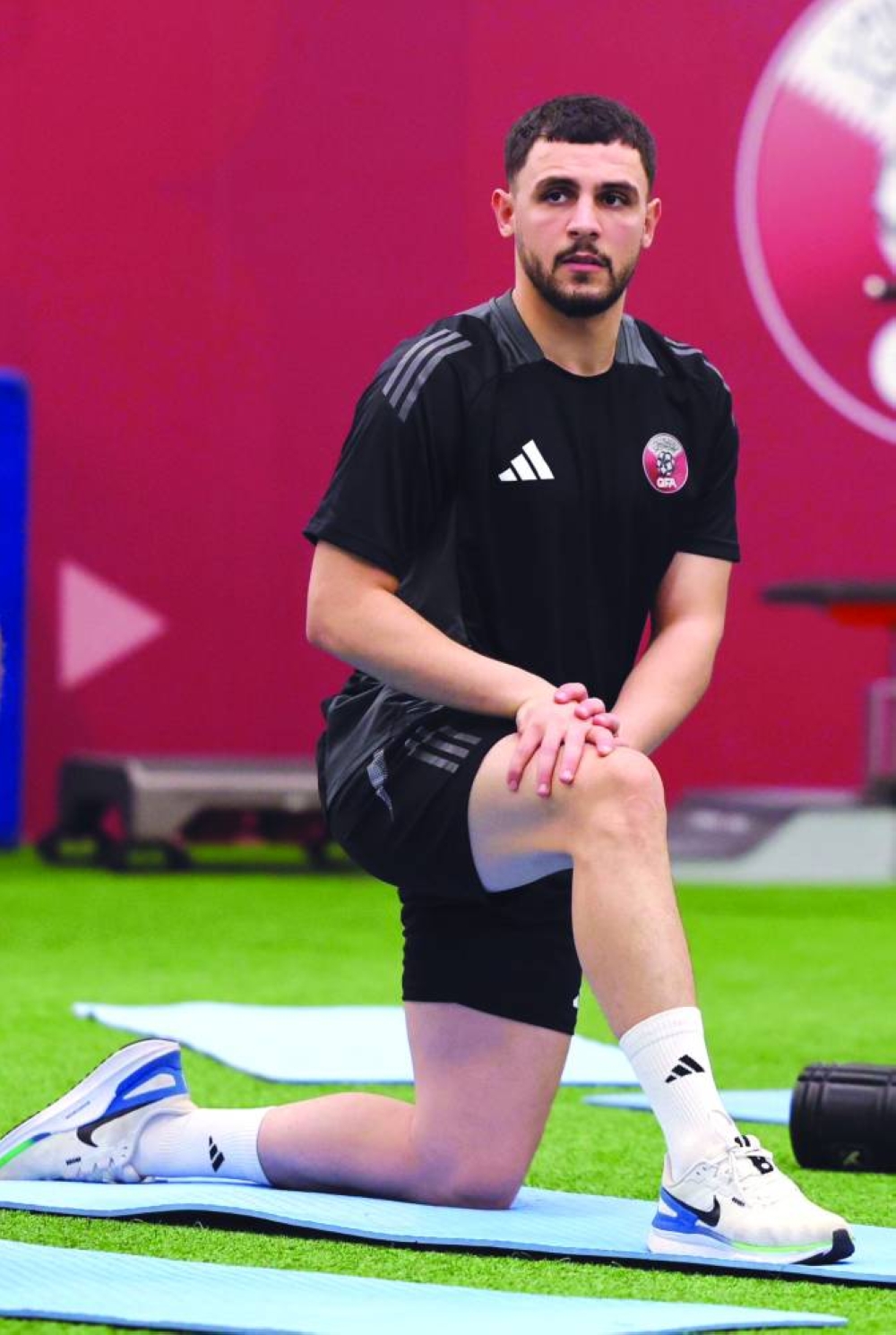 Qatar player Bassam al-Rawi during a training session at Al Thumama Stadium in Doha on Tuesday. Qatar host Kyrgyzstan in a 2026 FIFA World Cup qualifying match on Thursday at the same venue. The kick-off is set for 7:00pm.