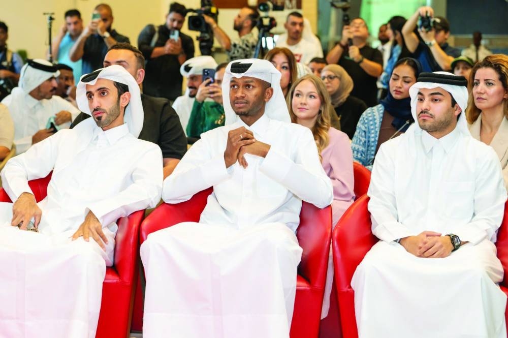 High jump star Mutaz Barshim at a press conference to announce the details of the Doha Marathon on Wednesday.