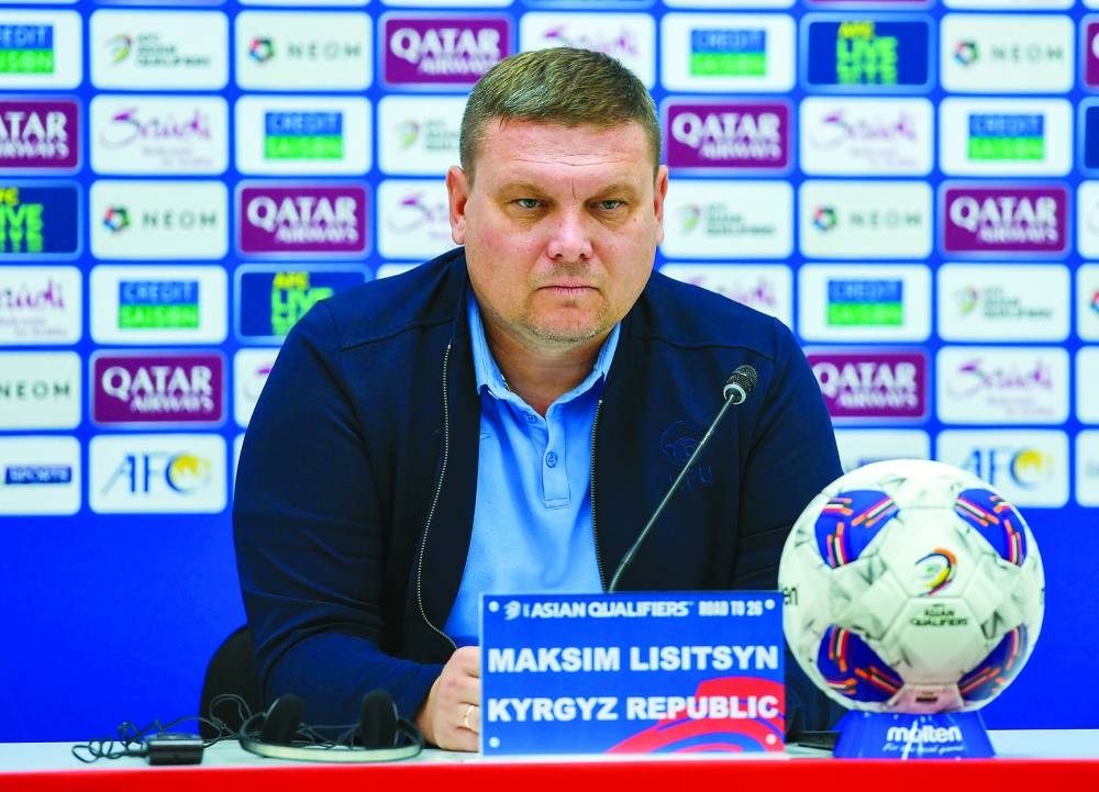Kyrgyzstan football coach Maksim Lisitsyn answers questions during a press conference at Al Thumama Stadium in Doha on Wednesday. PICTURE: Noushad Thekkayil