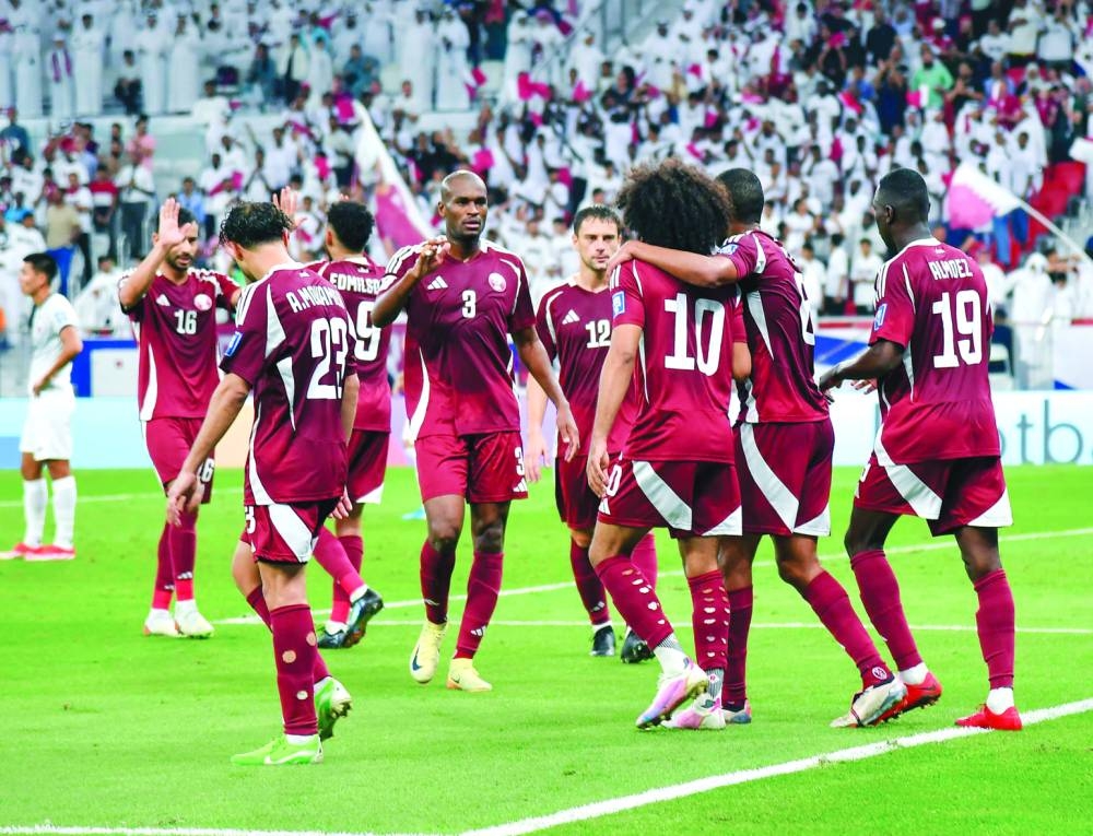 Qatar players after scoring a goal against Kyrgyzstan. Picture: Noushad Thekkayil
