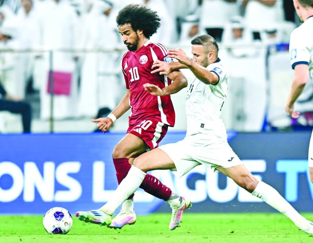 Qatar’s Akram Afif in action at Al Thumama Stadium in Doha on Thursday. Picture: Noushad Thekkayil