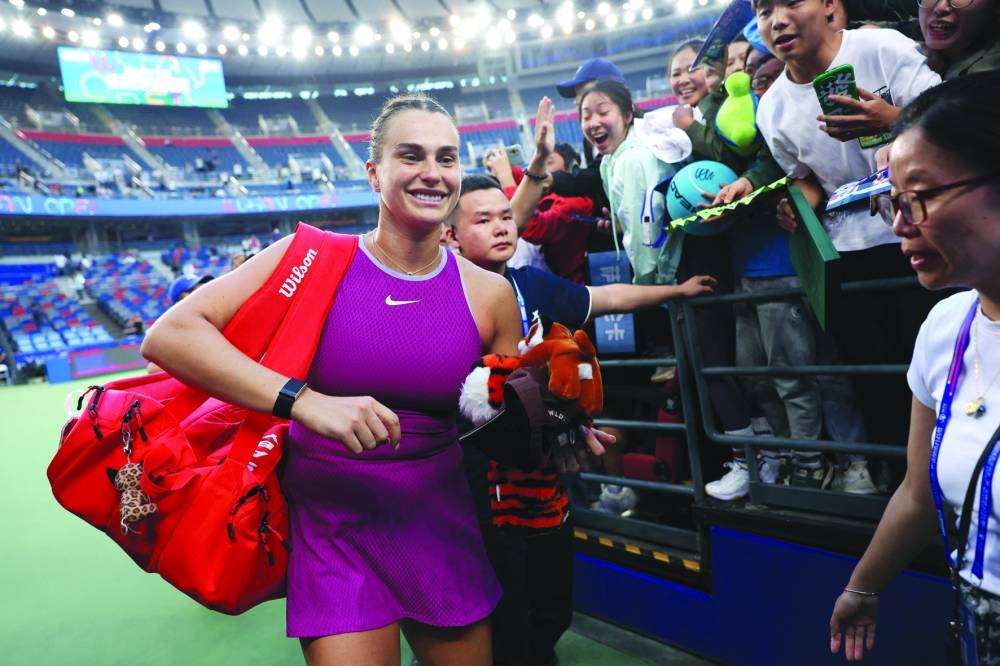 Belarus’ Aryna Sabalenka after winning her quarter-final match against Poland’s Magdalena Frech at the Wuhan Open on Friday. (Reuters)
