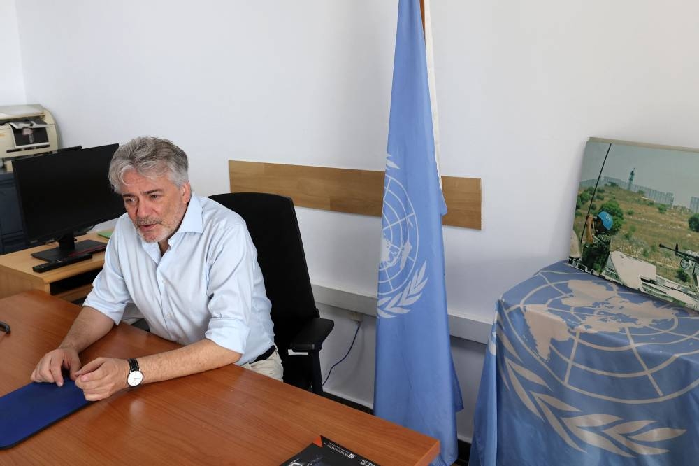 United Nations Interim Force in Lebanon (UNIFIL) spokesperson Andrea Tenenti gives an interview at the UNIFIL House in Baabda east of Beirut on Saturday. AFP