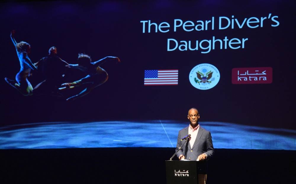 US ambassador to Qatar Timmy Davis speaks at the event.