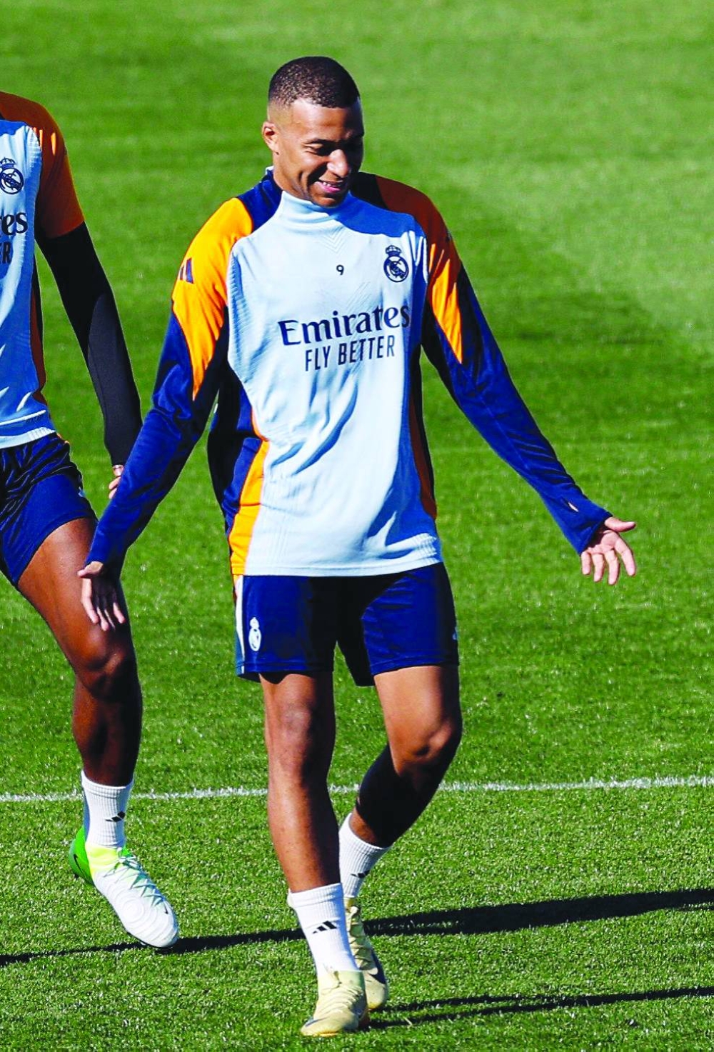 Real Madrid’s French forward Kylian Mbappe gestures as he attends a training session at the club’s training facilities of Valdebebas, in the outskirts of Madrid, on Friday. (AFP)