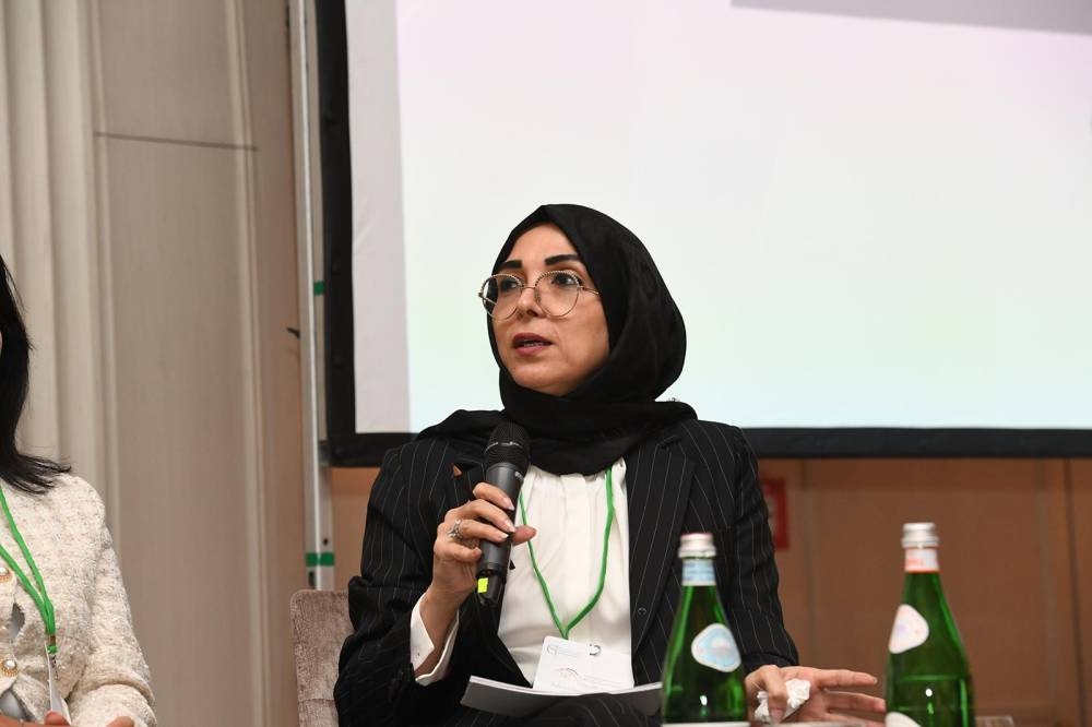 Qatar Chamber board member Ibtihaj al-Ahmadani addressing the forum in Berlin
