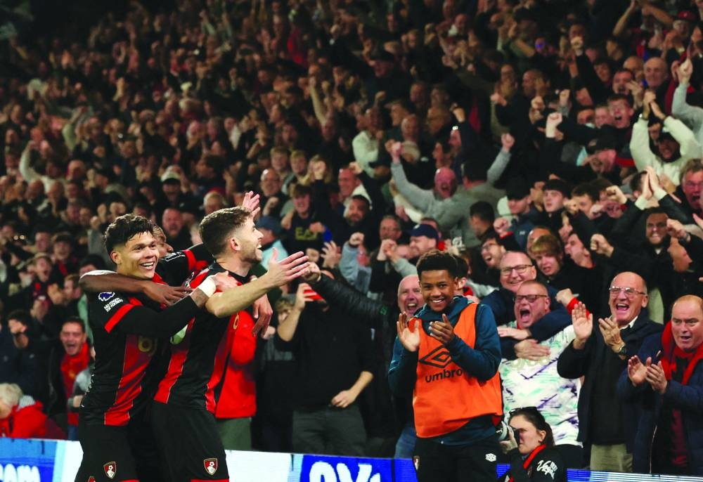 
Bournemouth’s Ryan Christie (right) celebrates with Evanilson after scoring against Arsenal in the Premier League. (Reuters) 
