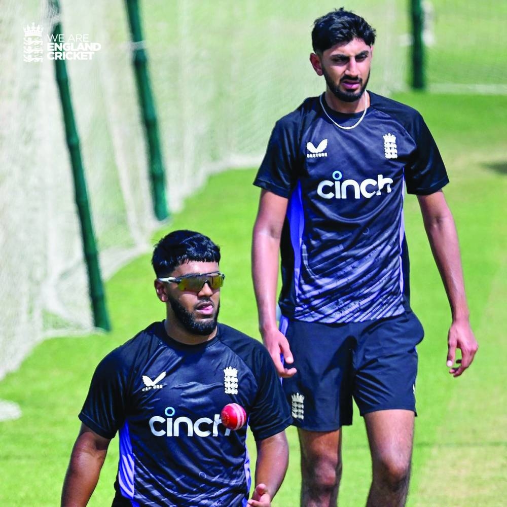 
England spinner Rehan Ahmed (foreground) is set to join 
Shoaib Bashir (background) for the third Test against Pakistan starting tomorrow. (@englandcricket) 