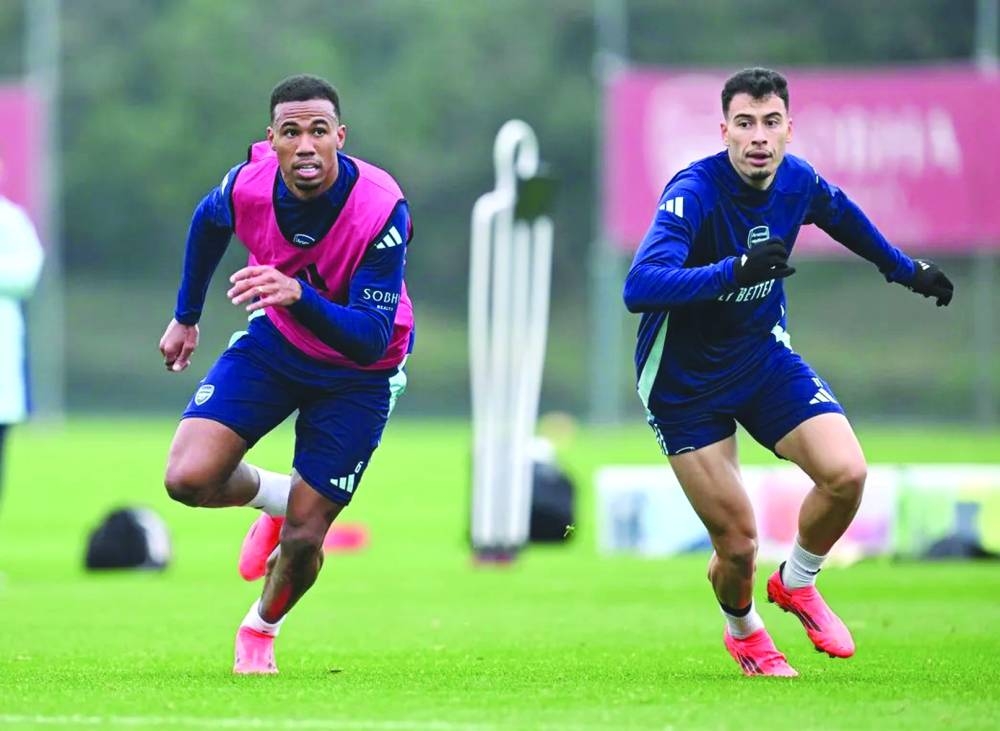 Arsenal’s Gabriel Magalhaes (left) and Gabriel Martinelli train in London on Friday.