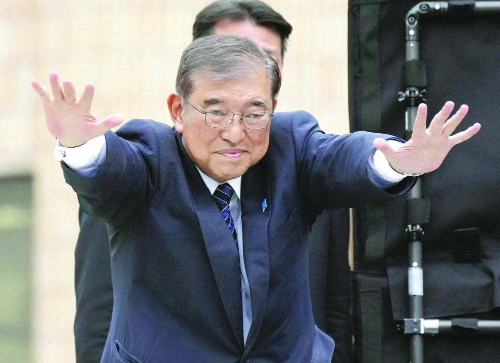 Japan’s Prime Minister Shigeru Ishiba, leader of the Liberal Democratic Party, gestures at a campaign event in Tokyo.