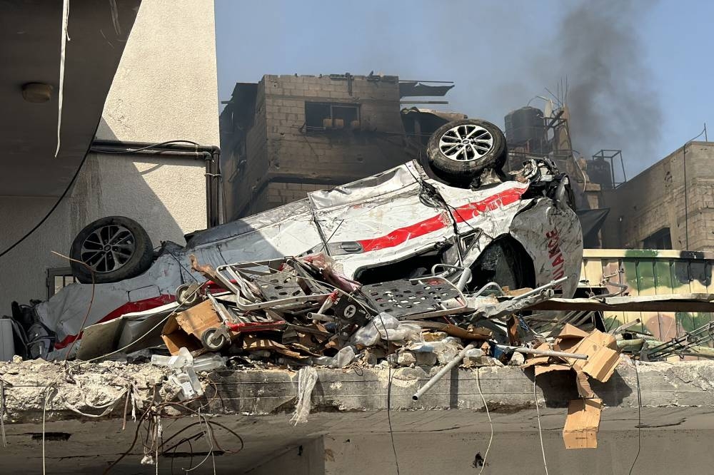 A damaged ambulance at the Kamal Adwan Hospital in Beit Lahia the northern Gaza Strip on Saturday. AFP