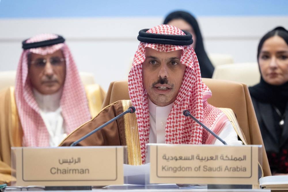 Saudi Foreign Minister Prince Faisal bin Farhan Al-Saud chairs the meeting on Global Alliance for the Implementation of the Two-State Solution in Riyadh, Saudi Arabia, on Wednesday. Saudi Press Agency/Handout via REUTERS