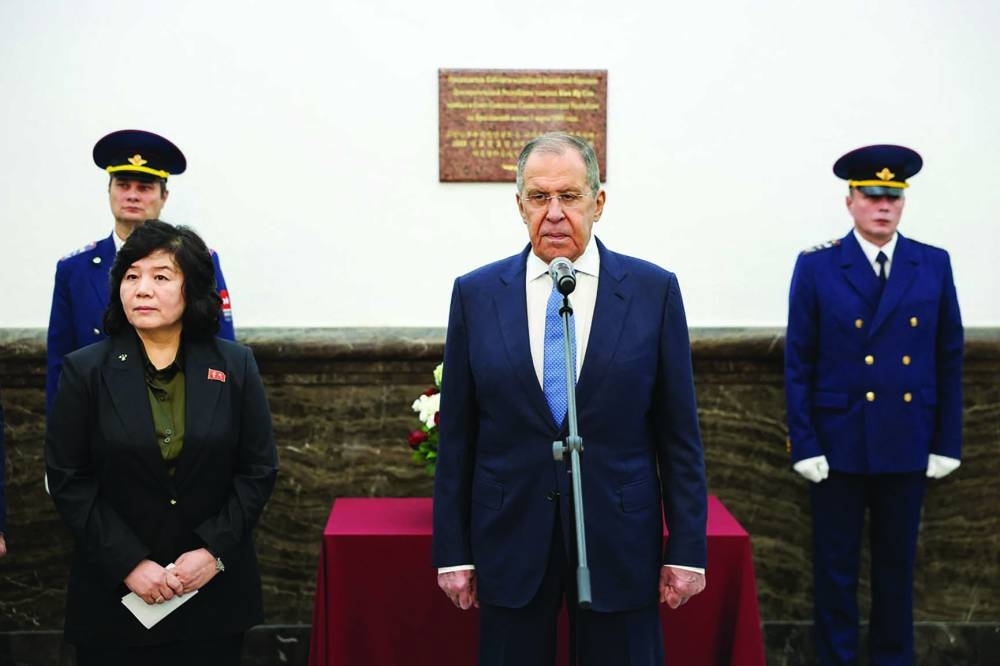 Russian Foreign Minister Sergei Lavrov and North Korean Foreign Minister Choe Son-hui attend a ceremony unveiling a memorial plaque dedicated to Kim Il-sung’s visit to the USSR in 1949, at Moscow’s Yaroslavsky railway station.