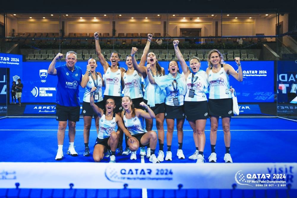 Argentina players celebrate after their win over Italy in the semi-finals of the World Padel Championships in Doha.