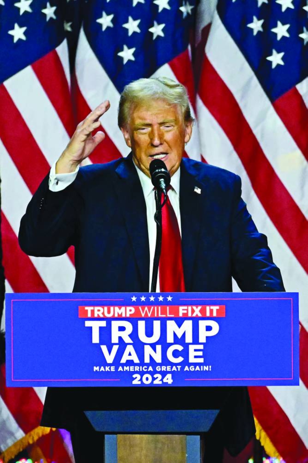 Former US president and Republican presidential candidate Donald Trump speaks during an election night event at the West Palm Beach Convention Center in West Palm Beach, Florida, yesterday. (AFP)