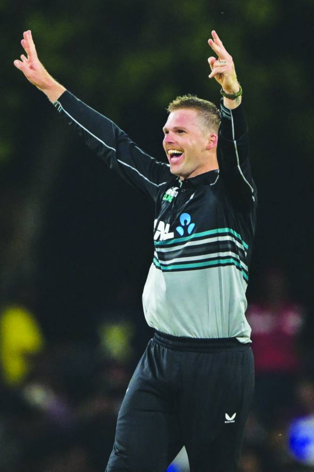 New Zealand’s Lockie Ferguson celebrates after taking the wicket of Sri Lanka’s captain Charith Asalanka during the second T20I against Sri Lanka in Dambulla yesterday. (AFP)