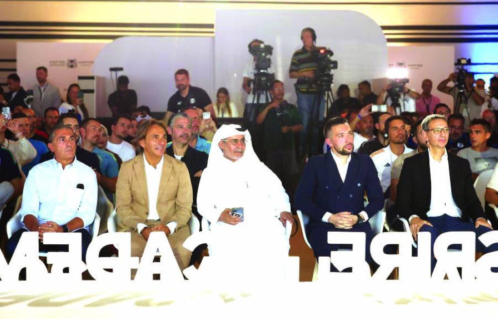 Aspire Academy’s Director General Ivan Bravo, Chairman of the Aspire Academy Global Summit Ali Salem Afifa, Executive Director of the Aspire Academy Global Summit Professor Valter Di Salvo, and Ajax head coach Francesco Farioli on day one of the summit at the Regency Sealine Camp yesterday.