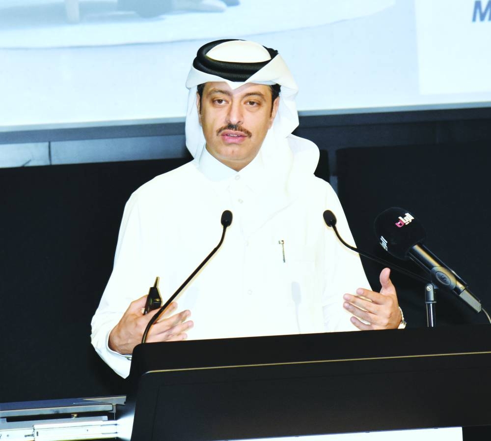 Sheikh Dr Mohamed bin Hamad al-Thani addressing the symposium on Monday at UDST.  PICTURE: Thajudheen