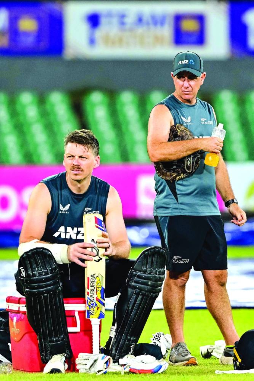 
New Zealand’s Michael Bracewell (left) and coach Gary Stead attend a practice session yesterday, on the eve of their first ODI against Sri Lanka at the Rangiri Dambulla International Stadium in Dambulla. (AFP) 
