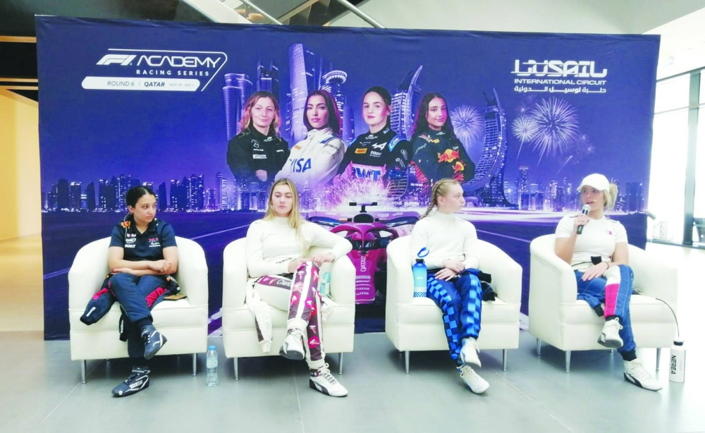 
From left: F1 Academy drivers Hamda al-Qubaisi of Red Bull Racing, Lola Lovinfosse of Rodin Motorsport, Jessica Edgar of Rodin Motorsport, and Nerea Marti of Campos Racing during an interaction with the media at the Lusail International Circuit yesterday. 