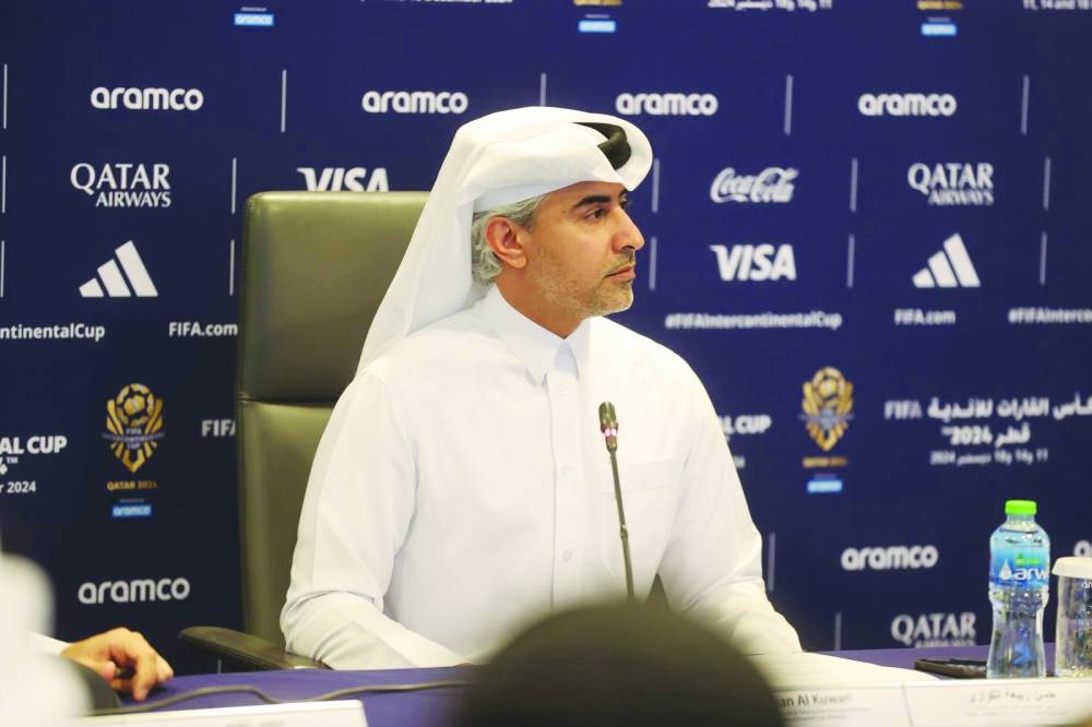 Hassan al-Kuwari, FIFA Intercontinental Cup Qatar 2024 Local Organising Committee Marketing, Commercial & Ceremonies Executive Director, speaks at a press conference.