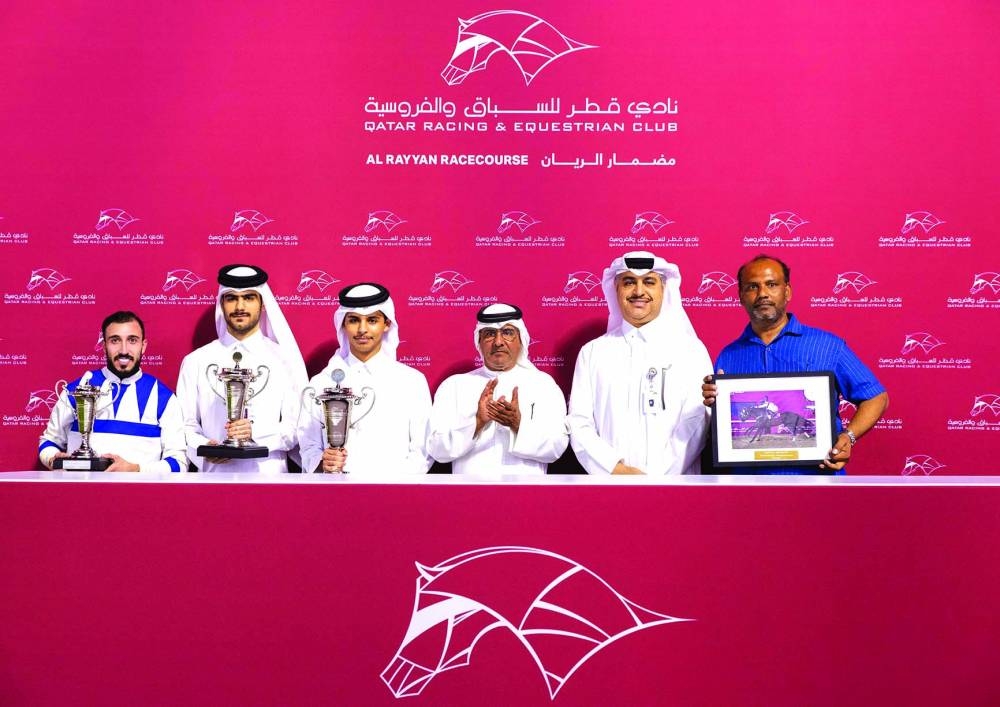 
Connections of Return To Senders celebrate after the seven-year-old horse won Rowdat Rashid Cup at the Al Rayyan Park yesterday. PICTURES: Juhaim 