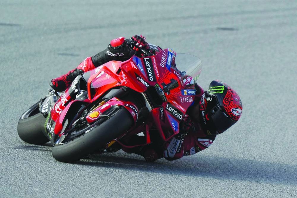 Ducati’s Italian rider Francesco Bagnaia rides during the practice session in Barcelona. (AFP)