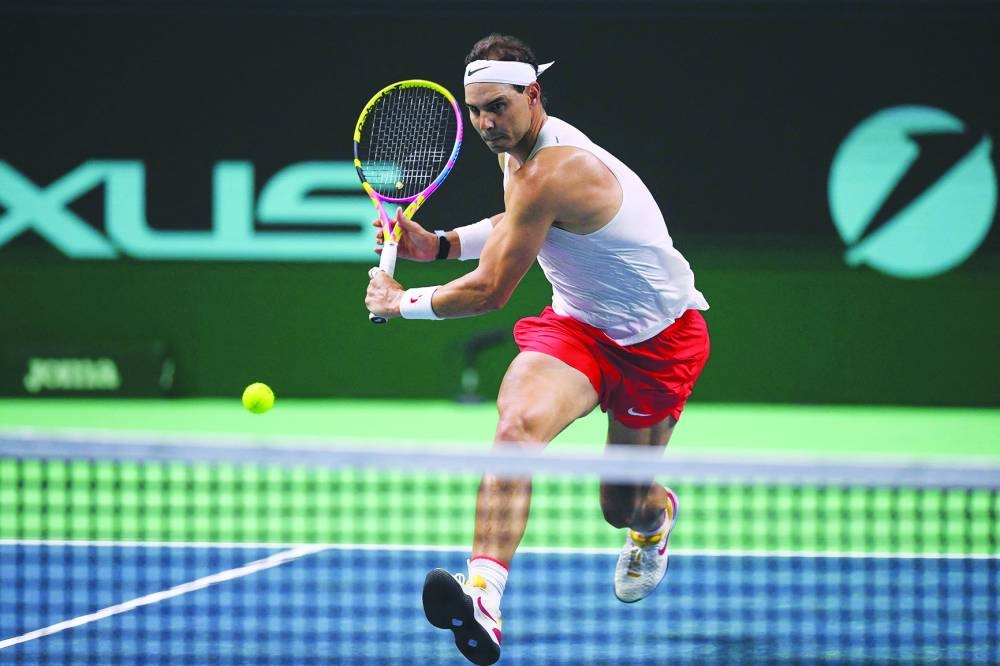 Spain’s Rafael Nadal trains ahead of the Davis Cup finals at the Palacio de Deportes Jose Maria Martin Carpena in Malaga yesterday. (AFP)