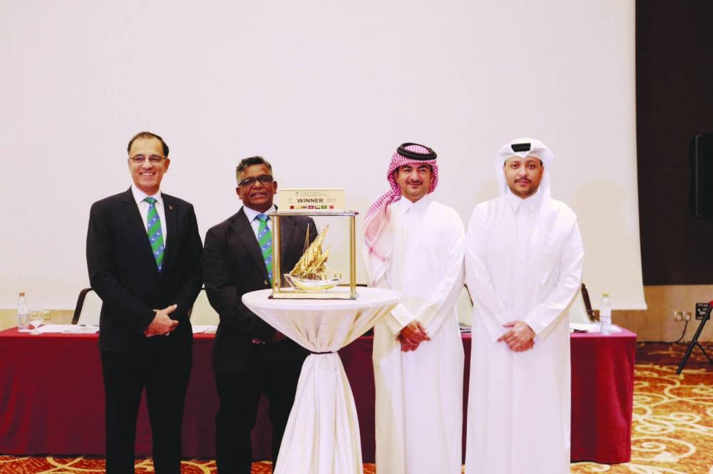 Qatar Cricket Association (QCA) Secretary-General Khalid Saleh al-Rumaihi, QCA CEO Khaled al-Suwaidi and ICC officials during the ICC Men’s T20 World Cup Asia Sub Regional Qualifier B trophy unveiling in Doha yesterday.