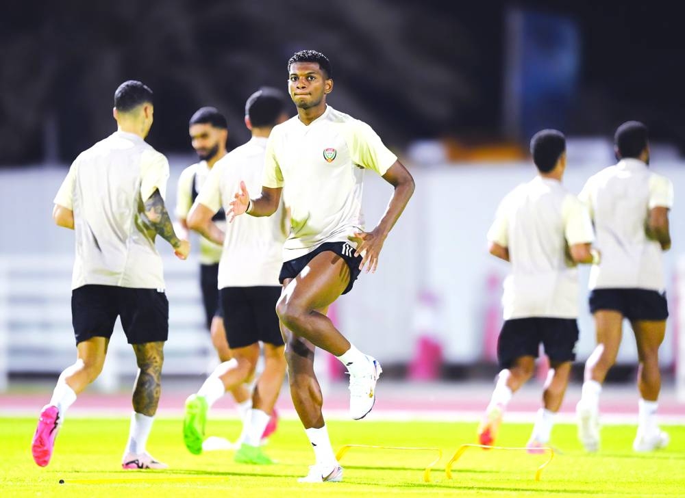 UAE players undergo training ahead of their 2026 FIFA World Cup match against Qatar today.