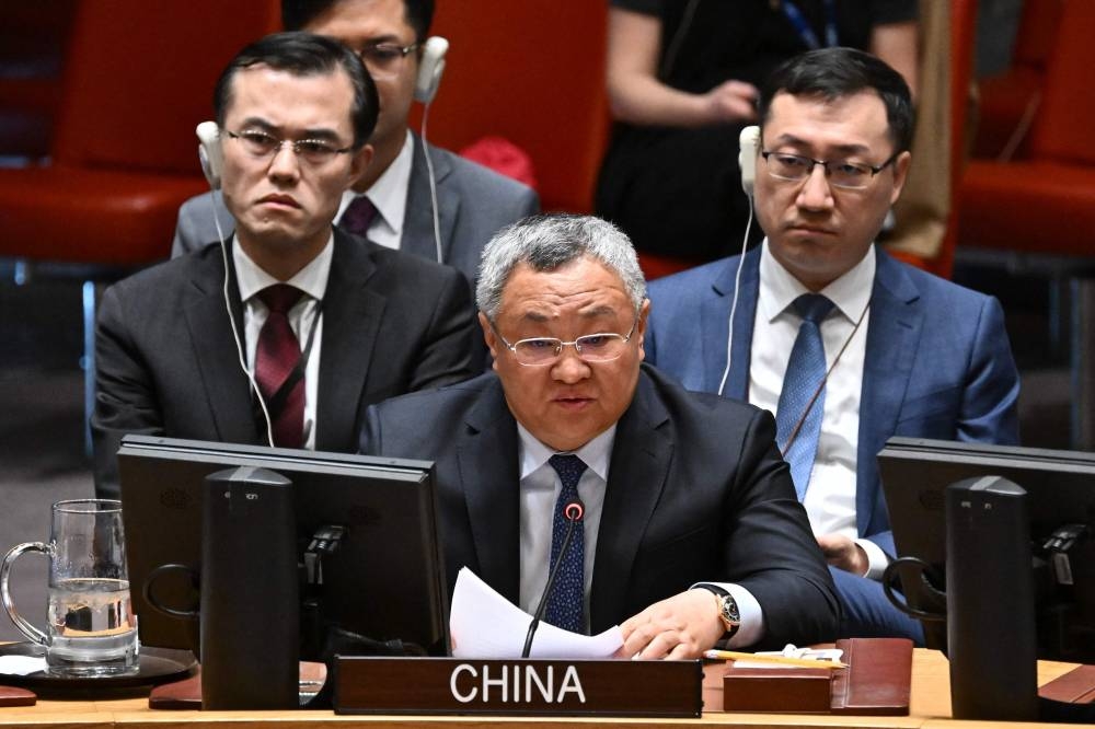 Chinese Ambassador to the United Nations Fu Cong speaks during a meeting of the United Nations Security Council to discuss the situation in the Middle East on Wednesday, at UN headquarters in New York City. AFP