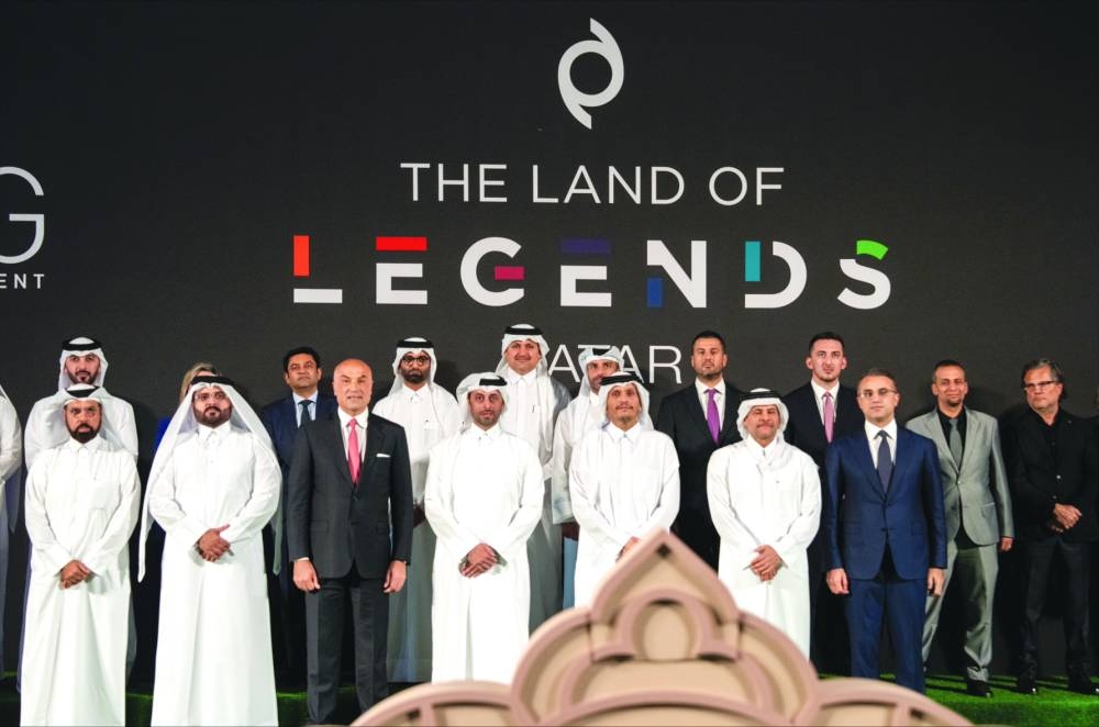 HE the Prime Minister and Minister of Foreign Affairs, Sheikh Mohammed bin Abdulrahman bin Jassim al-Thani and other dignitaries at the groundbreaking event for ‘Land of Legends Qatar’, Wednesday.