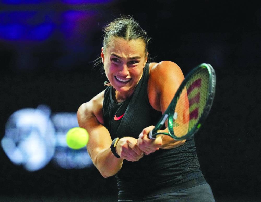FILE PHOTO: Tennis - WTA Finals - King Saud University Indoor Arena, Riyadh, Saudi Arabia - November 8, 2024 Belarus' Aryna Sabalenka in action during her women's singles semi final match against Coco Gauff of the U.S. REUTERS/Aleksandra Szmigiel/File Photo