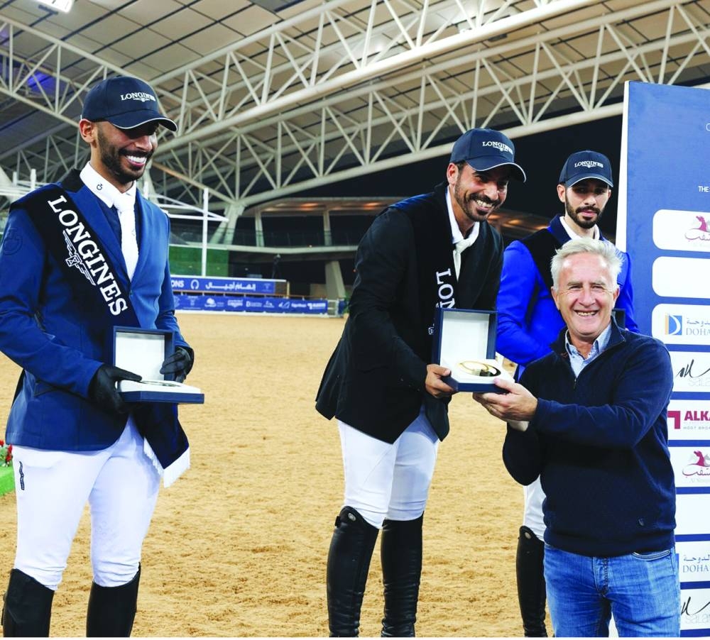 
Hamad Towaim al-Marri won the Small Tour class, ahead of Mohammed Dhafi al-Marri and Khalid Mohammed al-Emadi during 
the sixth round of the Longines Hathab – Qatar  Equestrian Tour at 
Al Shaqab’s outdoor arena yesterday. 