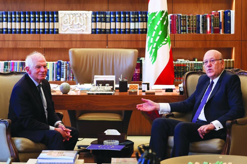 European Union foreign policy chief Josep Borrell meets with Lebanon’s caretaker Prime Minister Najib Mikati in Beirut, on Sunday.