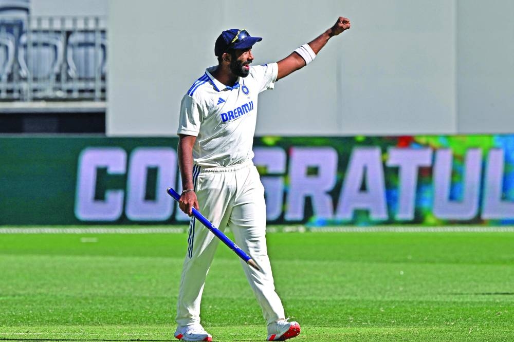 India’s Jasprit Bumrah celebrates victory in the first Test against Australia at Optus Stadium in Perth on Monday. (AFP)